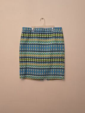 J. Crew Blue Geometric Stripe Pencil Skirt with Green & Yellow Accents